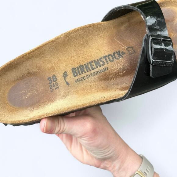 Women's Birkenstock Madrid Black Patent Leather Slide Sandals size 38 Narrow - Picture 9 of 10